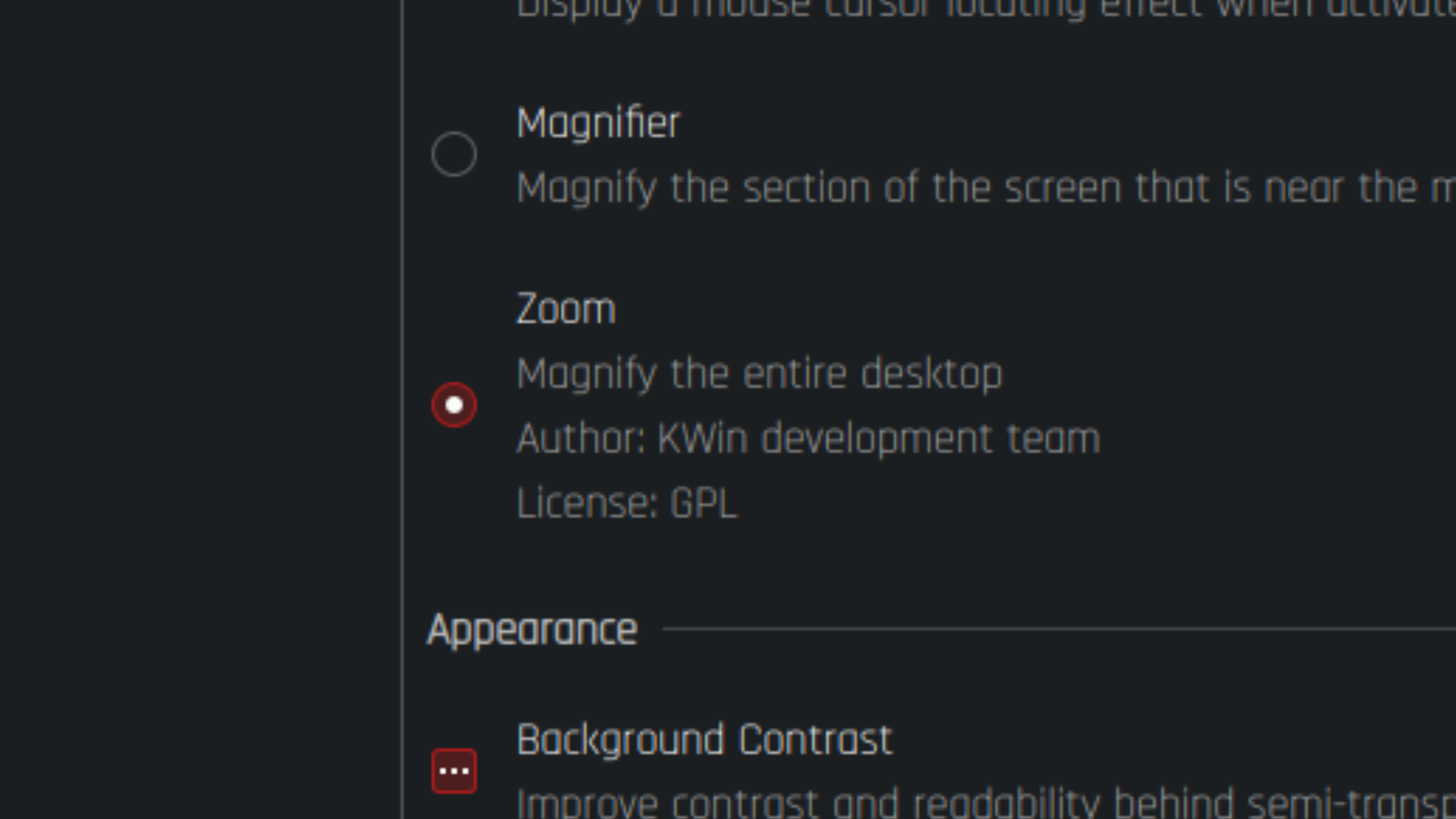 KDE's zoom effect listed under Desktop Effects