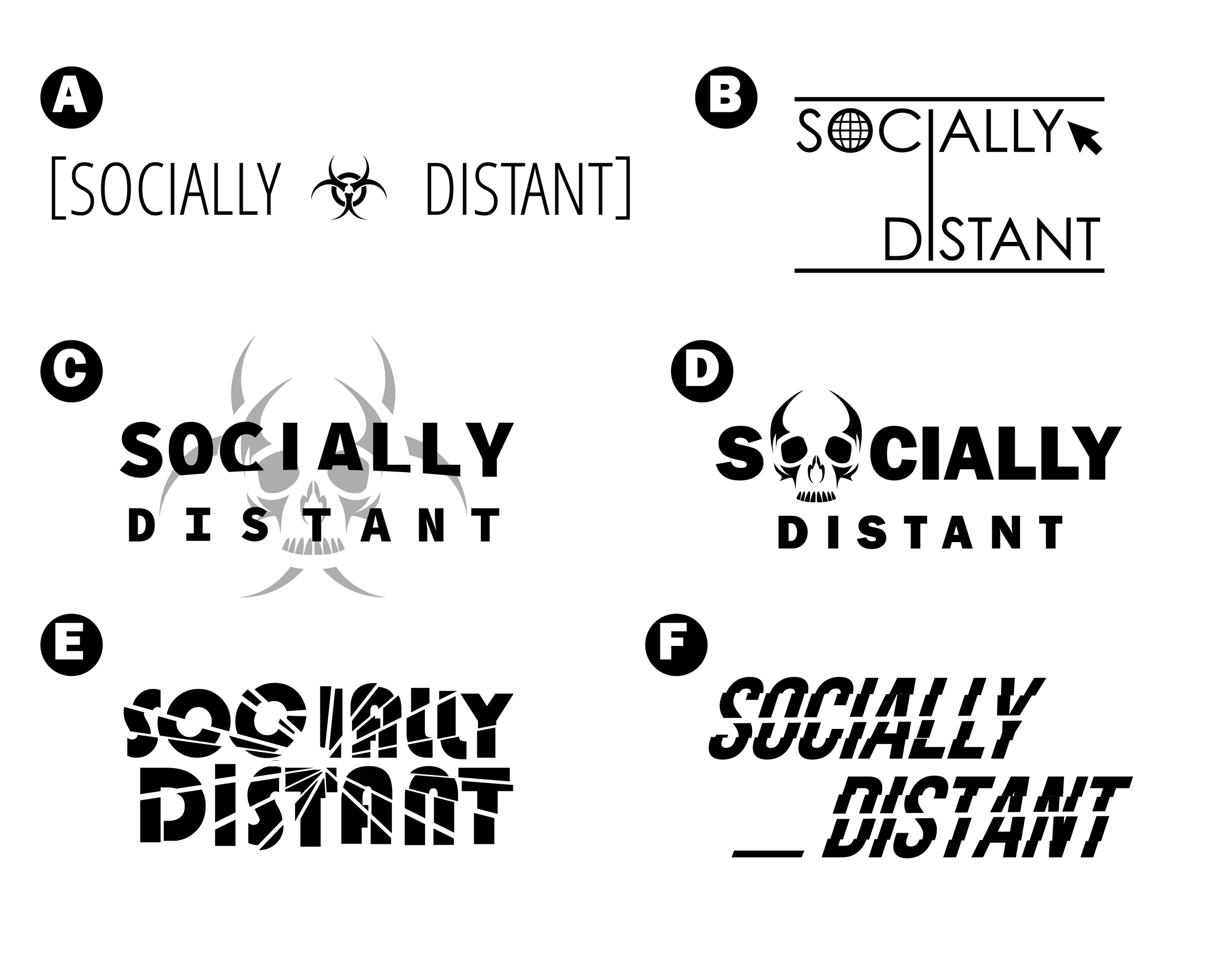 Image showing several work-in-progress Socially Distant logo ideas